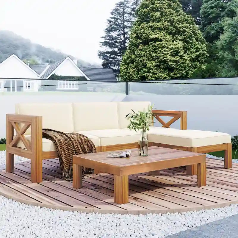 Ensemble de canapé d'angle de jardin extérieur en bois 5 pièces avec coussins