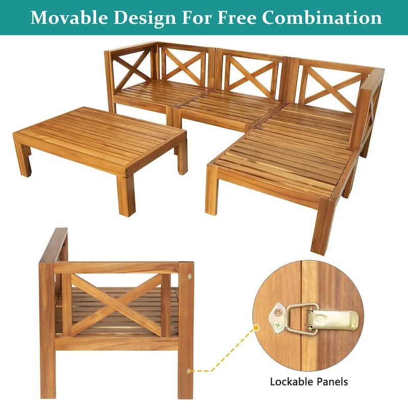 Ensemble de canapé d'angle de jardin extérieur en bois 5 pièces avec coussins