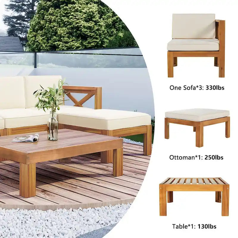 Ensemble de canapé d'angle de jardin extérieur en bois 5 pièces avec coussins