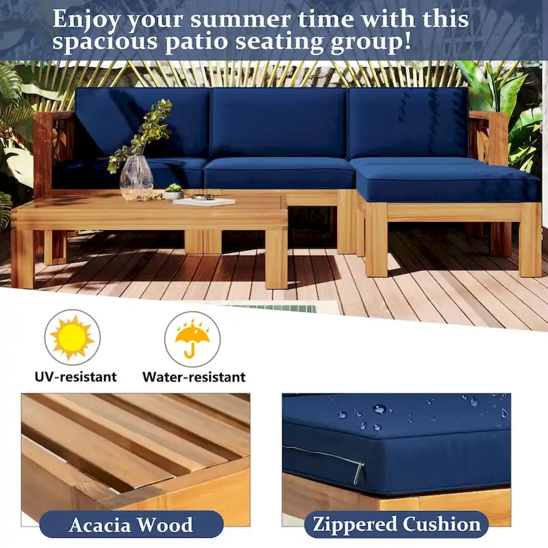 Ensemble de canapé d'angle de jardin extérieur en bois 5 pièces avec coussins