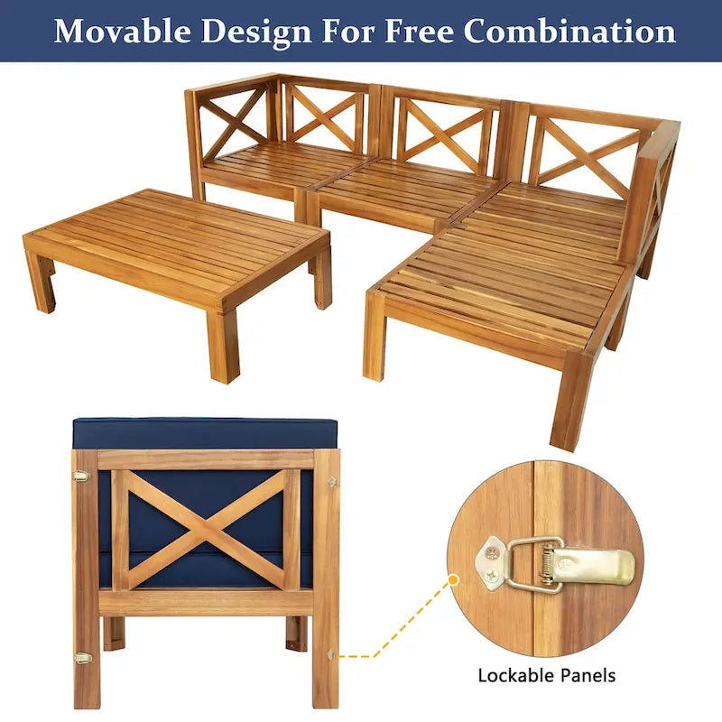 Ensemble de canapé d'angle de jardin extérieur en bois 5 pièces avec coussins