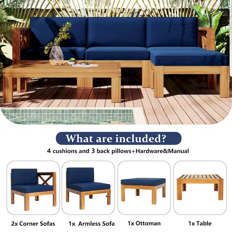 Ensemble de canapé d'angle de jardin extérieur en bois 5 pièces avec coussins