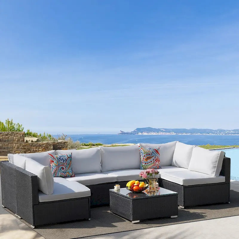 7-Piece Wicker Patio Conversation Set with Cushions and Glass Table