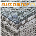 Ensemble de conversation d'extérieur 7 pièces en osier avec coussins et table en verre