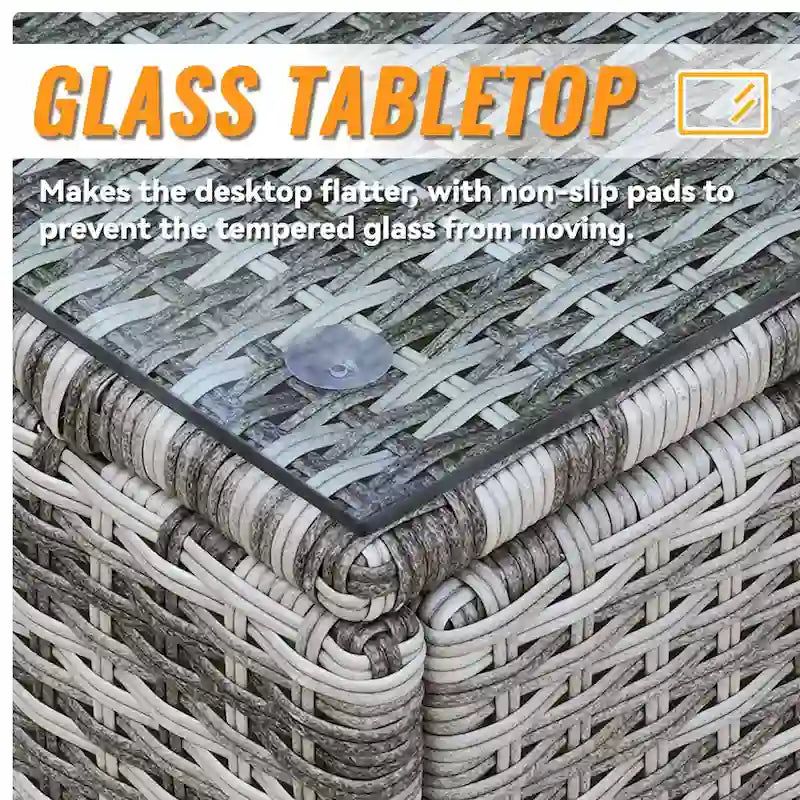 Ensemble de conversation d'extérieur 7 pièces en osier avec coussins et table en verre