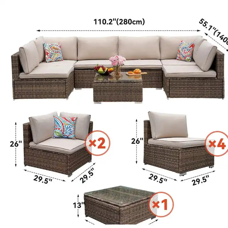 Ensemble de conversation d'extérieur 7 pièces en osier avec coussins et table en verre