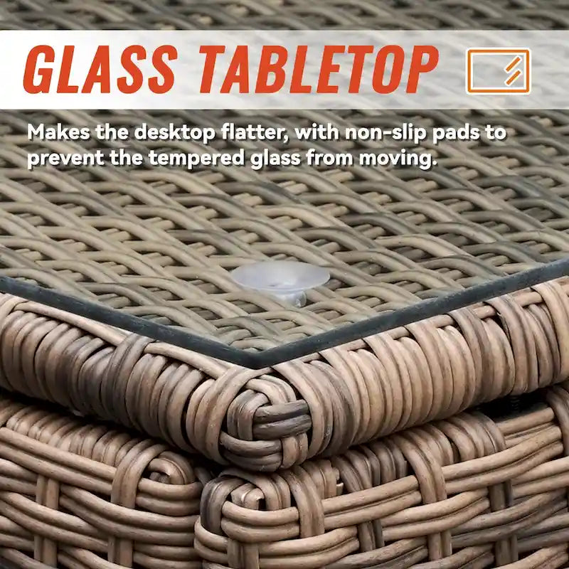 Ensemble de conversation d'extérieur 7 pièces en osier avec coussins et table en verre
