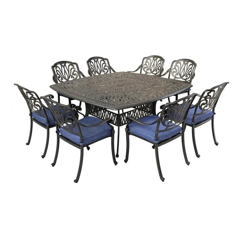 Ensemble de salle à manger carré 9 pièces Saratoga en aluminium bronze canon avec 8 chaises de salle à manger à accoudoirs rembourrées