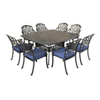 Ensemble de salle à manger carré 9 pièces Saratoga en aluminium bronze canon avec 8 chaises de salle à manger à accoudoirs rembourrées