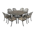 Ensemble de salle à manger carré 9 pièces Saratoga en aluminium bronze canon avec 8 chaises de salle à manger à accoudoirs rembourrées
