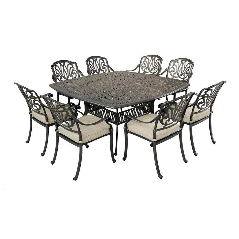 Ensemble de salle à manger carré 9 pièces Saratoga en aluminium bronze canon avec 8 chaises de salle à manger à accoudoirs rembourrées