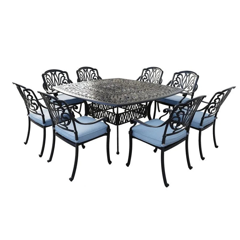 Ensemble de salle à manger carré 9 pièces Saratoga en aluminium bronze canon avec 8 chaises de salle à manger à accoudoirs rembourrées