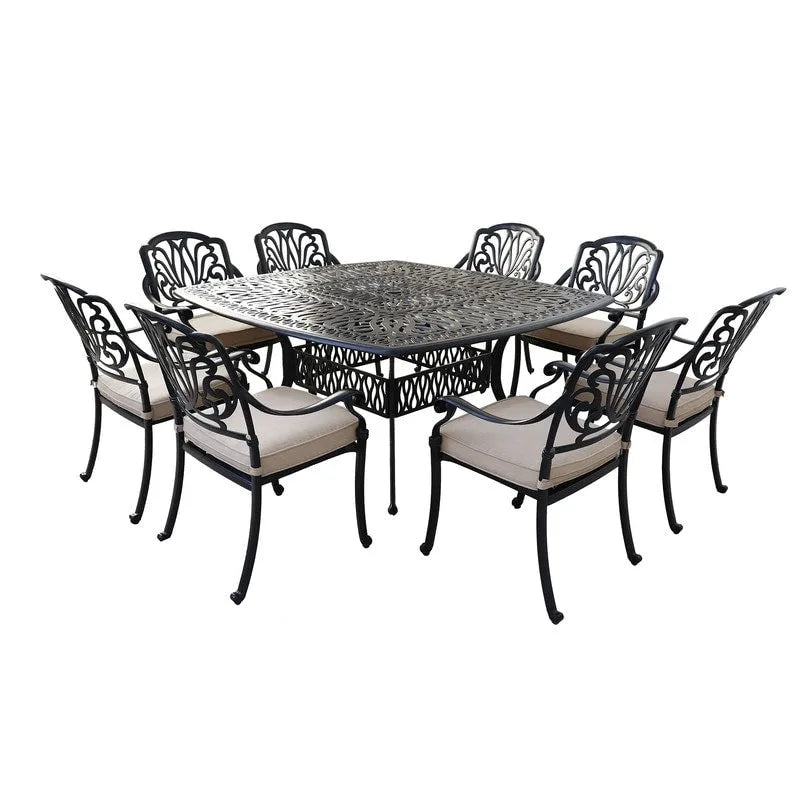 Ensemble de salle à manger carré 9 pièces Saratoga en aluminium bronze canon avec 8 chaises de salle à manger à accoudoirs rembourrées