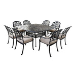 Ensemble de salle à manger carré 9 pièces Saratoga en aluminium bronze canon avec 8 chaises de salle à manger à accoudoirs rembourrées