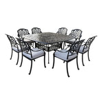 Ensemble de salle à manger carré 9 pièces Saratoga en aluminium bronze canon avec 8 chaises de salle à manger à accoudoirs rembourrées