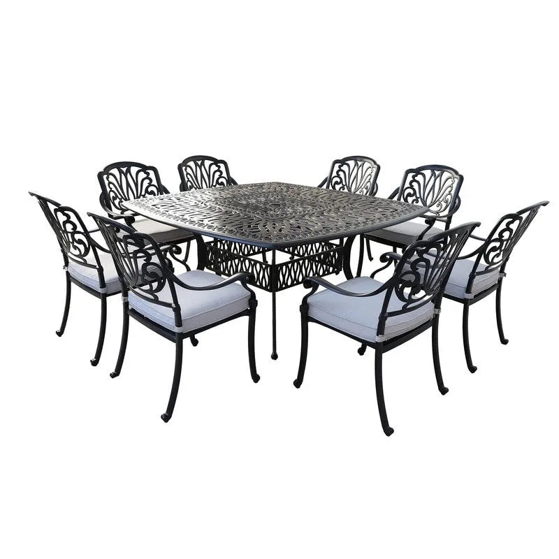 Ensemble de salle à manger carré 9 pièces Saratoga en aluminium bronze canon avec 8 chaises de salle à manger à accoudoirs rembourrées