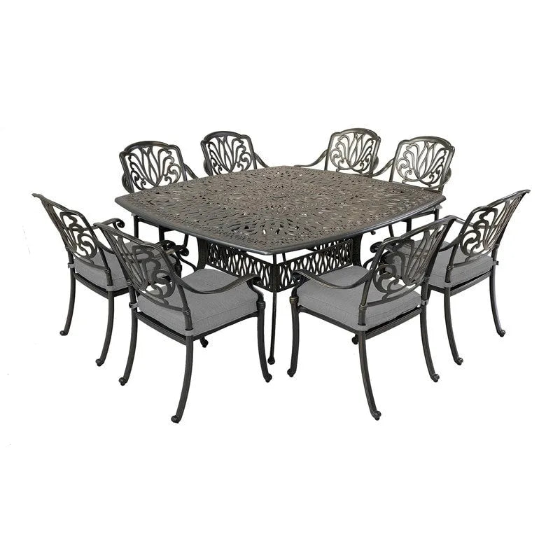 Ensemble de salle à manger carré 9 pièces Saratoga en aluminium bronze canon avec 8 chaises de salle à manger à accoudoirs rembourrées