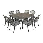 Ensemble de salle à manger carré 9 pièces Saratoga en aluminium bronze canon avec 8 chaises de salle à manger à accoudoirs rembourrées