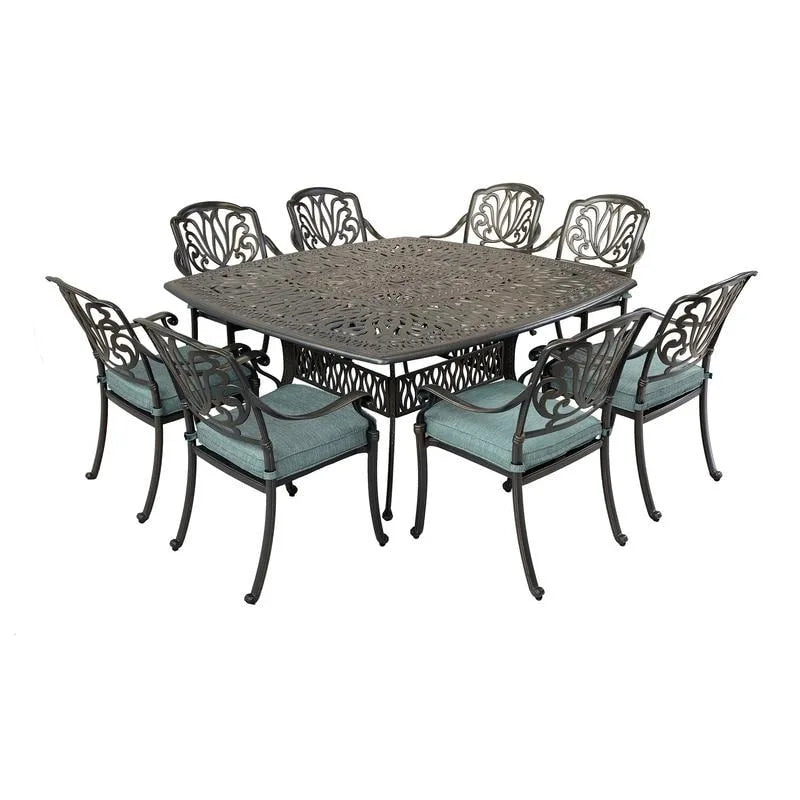 Ensemble de salle à manger carré 9 pièces Saratoga en aluminium bronze canon avec 8 chaises de salle à manger à accoudoirs rembourrées