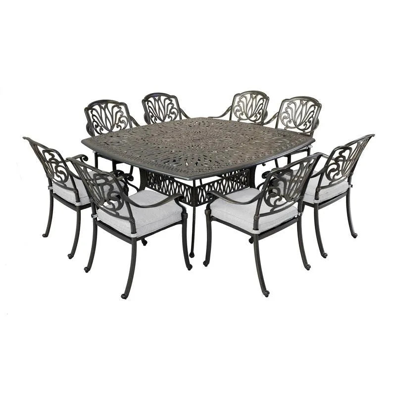 Ensemble de salle à manger carré 9 pièces Saratoga en aluminium bronze canon avec 8 chaises de salle à manger à accoudoirs rembourrées