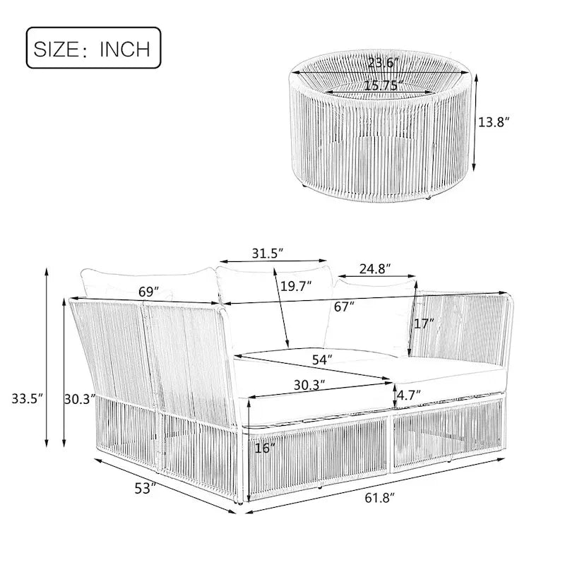 Ensemble de lit de repos et causeuse d'extérieur 2 pièces avec table en verre trempé