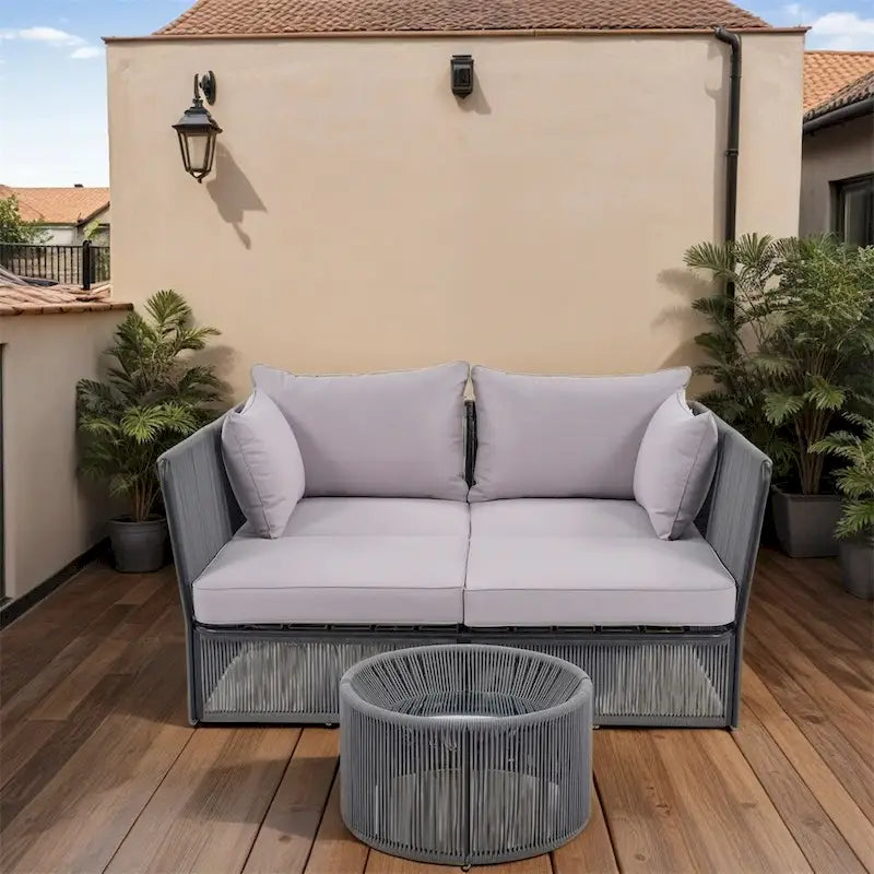 Ensemble de lit de repos et causeuse d'extérieur 2 pièces avec table en verre trempé