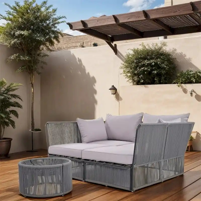 Ensemble de lit de repos et causeuse d'extérieur 2 pièces avec table en verre trempé