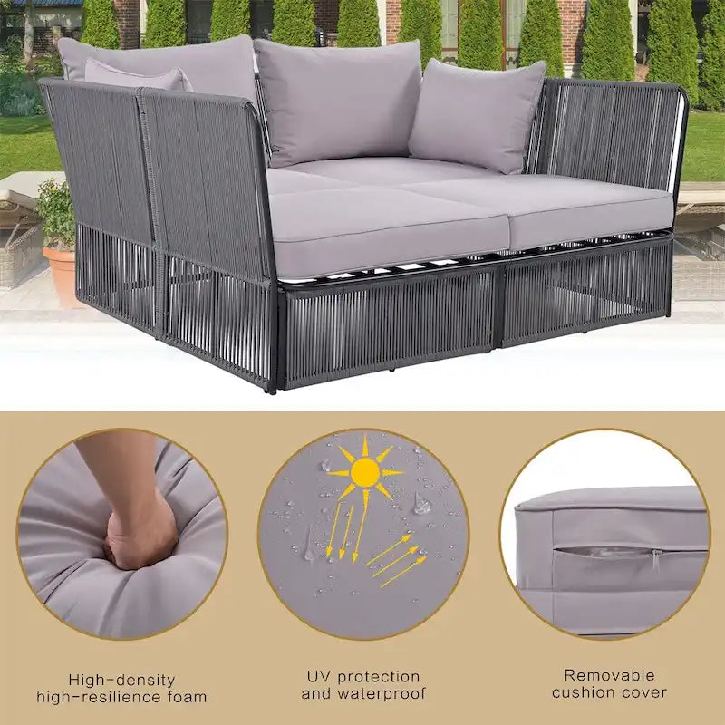 Ensemble de lit de repos et causeuse d'extérieur 2 pièces avec table en verre trempé