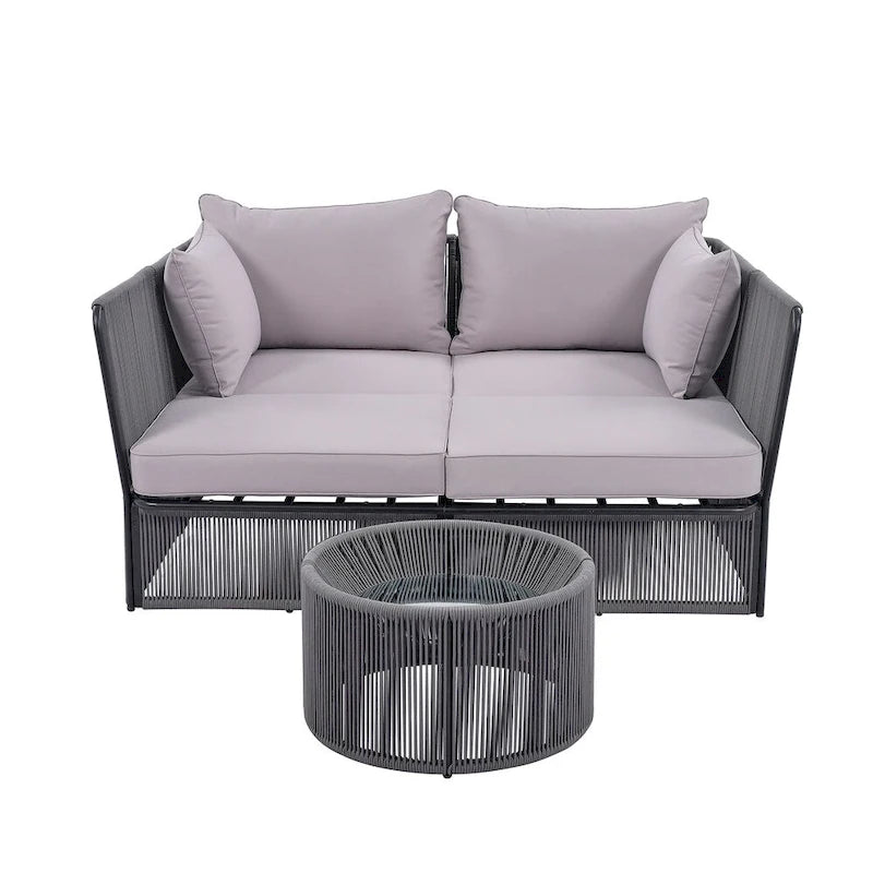 Ensemble de lit de repos et causeuse d'extérieur 2 pièces avec table en verre trempé
