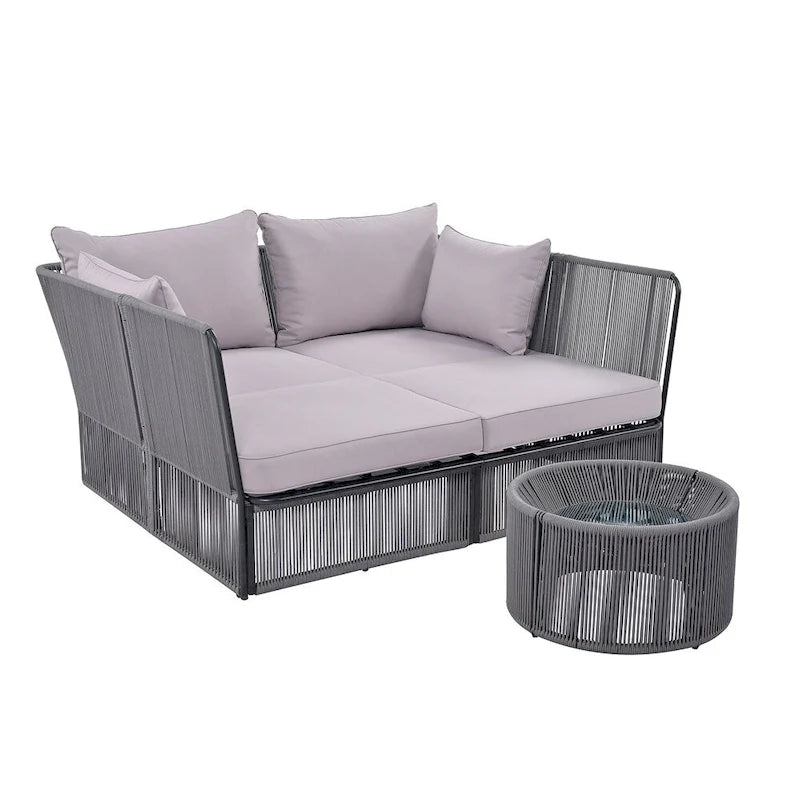 Ensemble de lit de repos et causeuse d'extérieur 2 pièces avec table en verre trempé