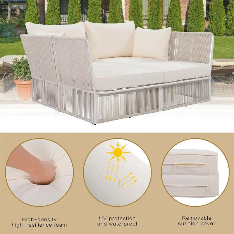 Ensemble de lit de repos et causeuse d'extérieur 2 pièces avec table en verre trempé
