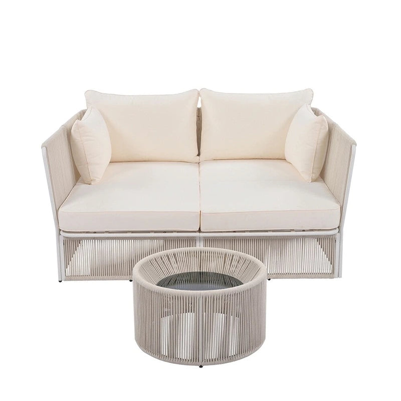 Ensemble de lit de repos et causeuse d'extérieur 2 pièces avec table en verre trempé