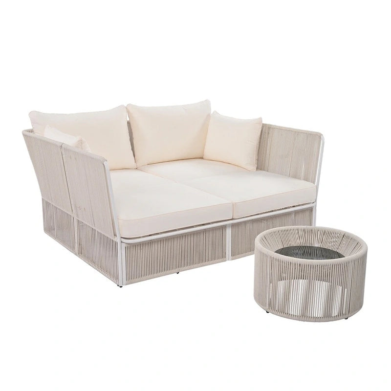 Ensemble de lit de repos et causeuse d'extérieur 2 pièces avec table en verre trempé