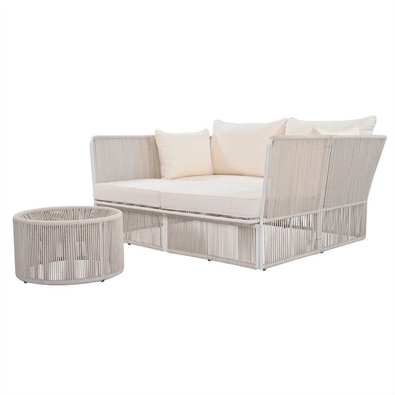 Ensemble de lit de repos et causeuse d'extérieur 2 pièces avec table en verre trempé