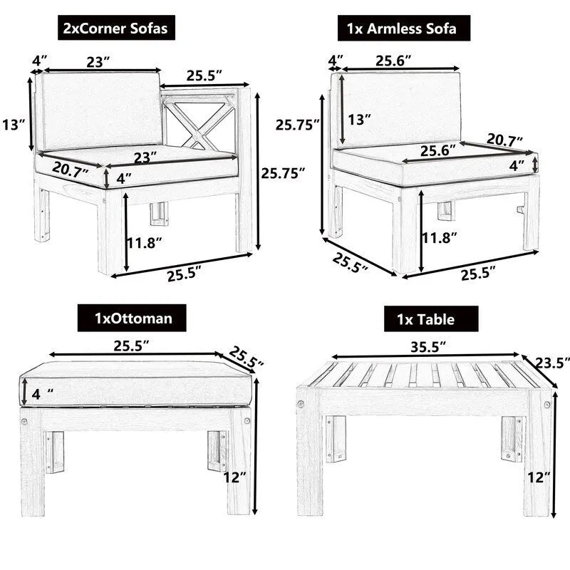 Ensemble de canapé d'angle d'extérieur 5 pièces en bois pour terrasse avec coussins