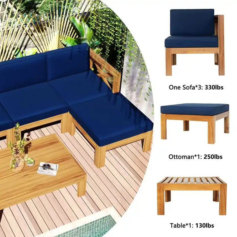 Ensemble de canapé d'angle d'extérieur 5 pièces en bois pour terrasse avec coussins