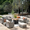 OVIOS Ensemble de conversation de 10 pièces en osier pour patio avec fauteuils à bascule et table brasero