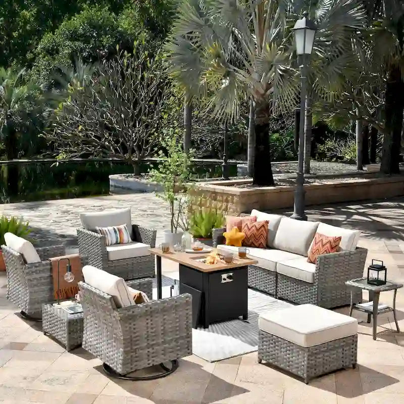 OVIOS Ensemble de conversation de 10 pièces en osier pour patio avec fauteuils à bascule et table brasero