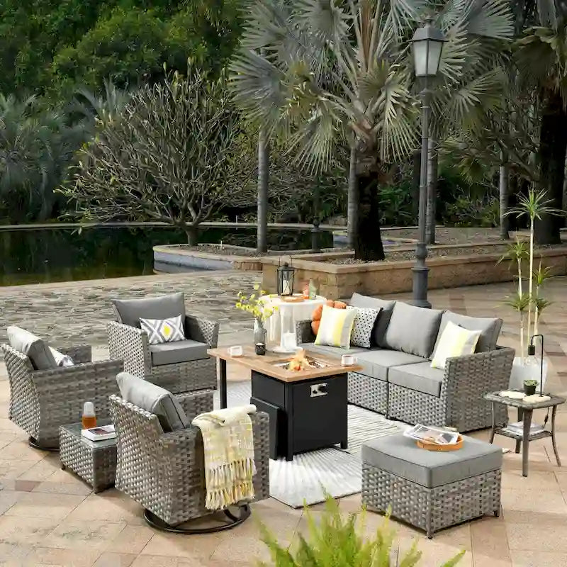 OVIOS Ensemble de conversation de 10 pièces en osier pour patio avec fauteuils à bascule et table brasero