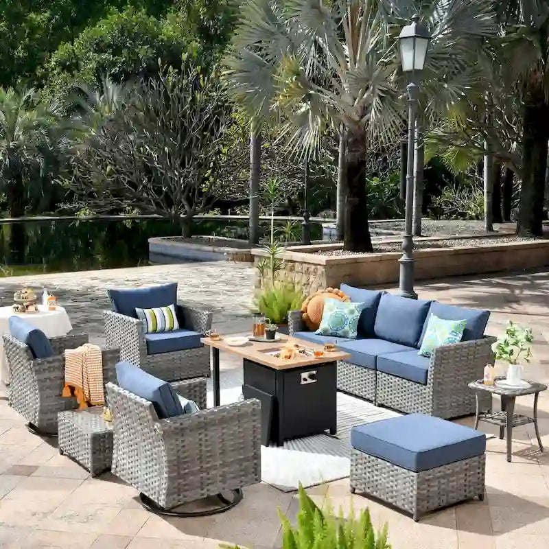 OVIOS Ensemble de conversation de 10 pièces en osier pour patio avec fauteuils à bascule et table brasero