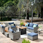 OVIOS Ensemble de conversation de 10 pièces en osier pour patio avec fauteuils à bascule et table brasero