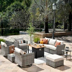 OVIOS Ensemble de conversation de 10 pièces en osier pour patio avec fauteuils à bascule et table brasero