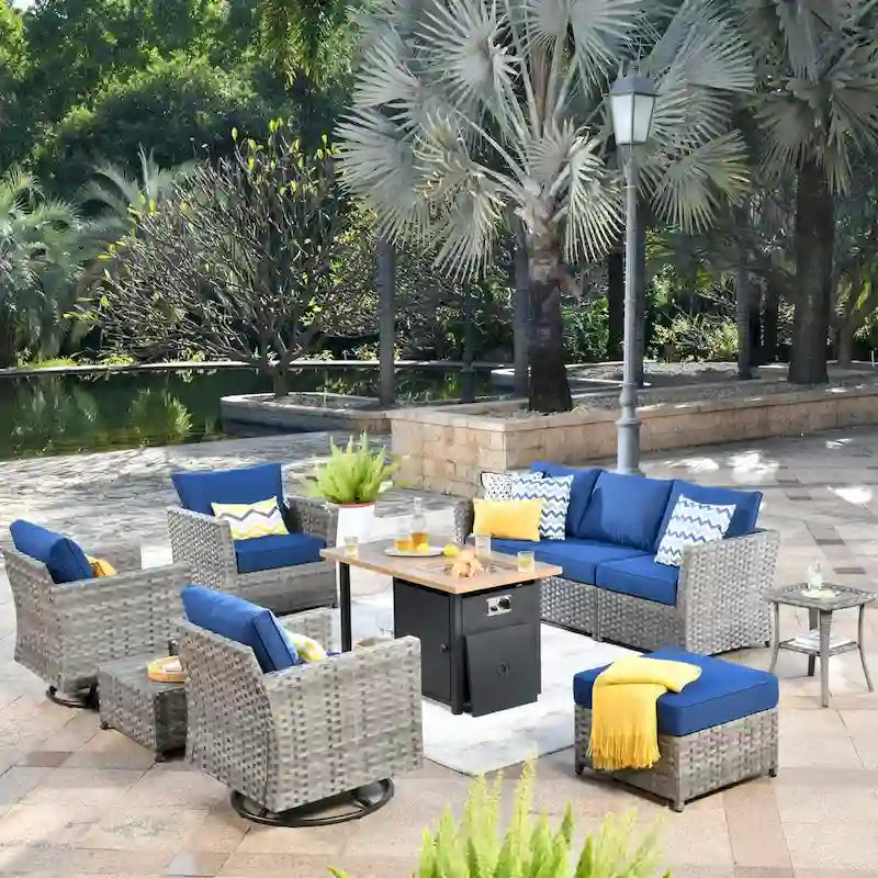 OVIOS Ensemble de conversation de 10 pièces en osier pour patio avec fauteuils à bascule et table brasero