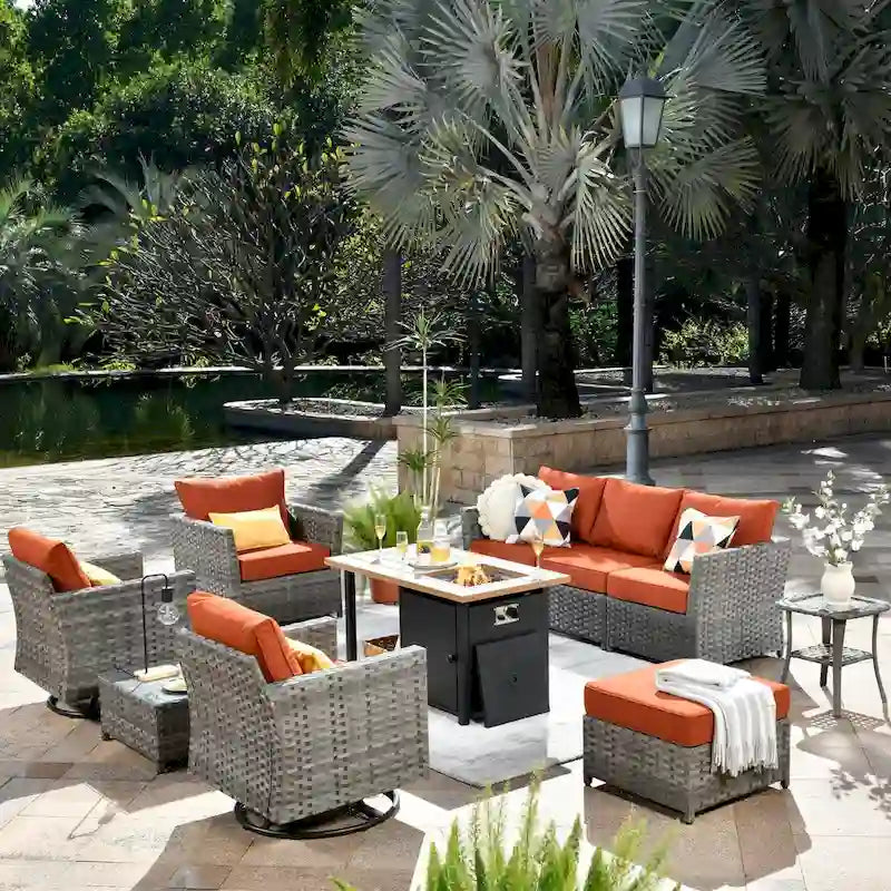 OVIOS Ensemble de conversation de 10 pièces en osier pour patio avec fauteuils à bascule et table brasero