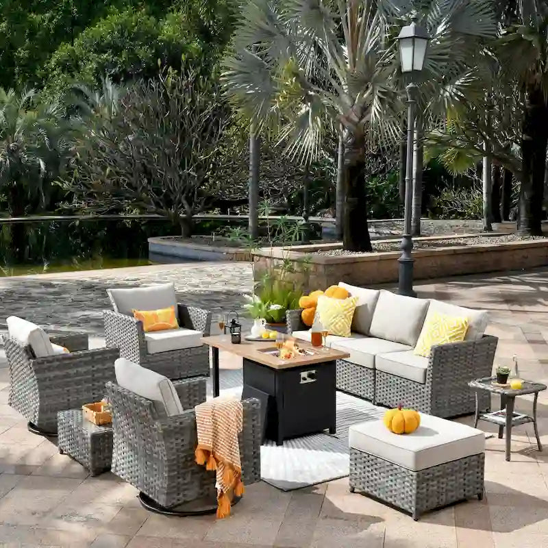 OVIOS Ensemble de conversation de 10 pièces en osier pour patio avec fauteuils à bascule et table brasero