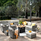 OVIOS Ensemble de conversation de 10 pièces en osier pour patio avec fauteuils à bascule et table brasero