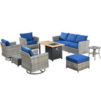 OVIOS Ensemble de conversation de 10 pièces en osier pour patio avec fauteuils à bascule et table brasero