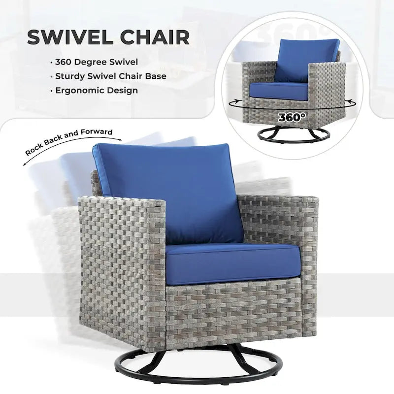 OVIOS Ensemble de conversation de 10 pièces en osier pour patio avec fauteuils à bascule et table brasero