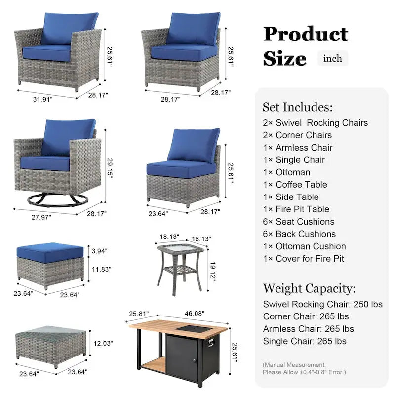 OVIOS Ensemble de conversation de 10 pièces en osier pour patio avec fauteuils à bascule et table brasero