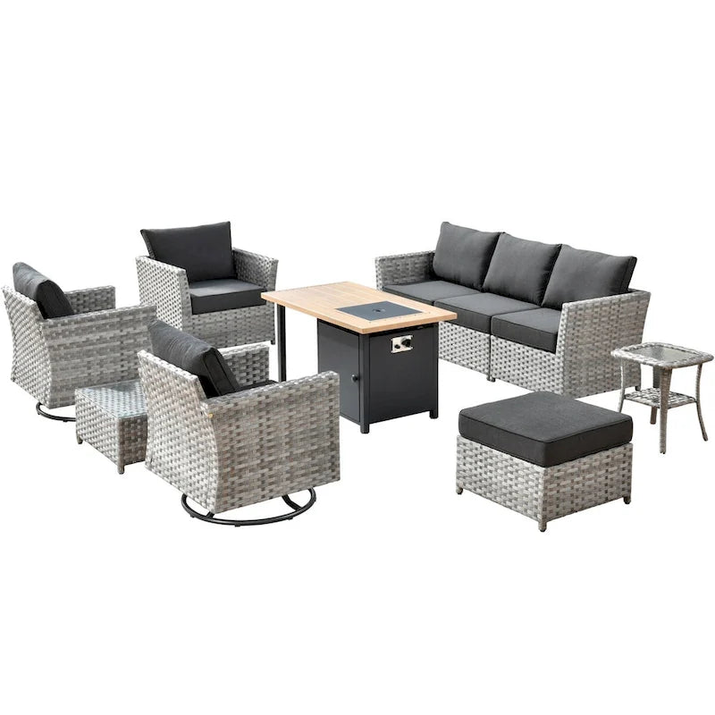 OVIOS Ensemble de conversation de 10 pièces en osier pour patio avec fauteuils à bascule et table brasero